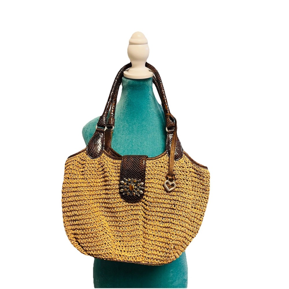 Brighton Gabrielle Woven Raffia Bag Leather Snakeskin Cocco Spell Tiger Eye Boho